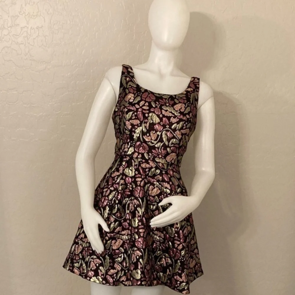 Free People Metallic Fit and Flare Jacquard Floral Dress Medium